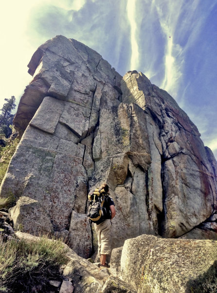 The wall is near vertical, not slabbed out like this wide shot would have you think.<br>
<br>
Laine sizes up 'Right Branch' which follows the #4 vertical fist crack at the top.