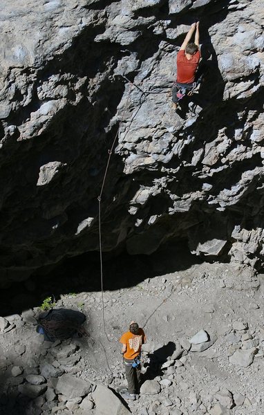 Chris Ticknor getting a belay from Daniel Trugman on Loose Cannon 