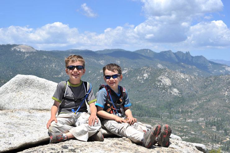 Bryson (7 years old) and Wesley (4 y.o.) pose atop Sentinel Peak, in the Upper Kern River Valley. Dome Rock and the Needles are visible in the background.