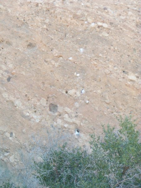 "Texas Two-Step" goes straight up on the chalked holds, while "Bandwagon" traverses left, from the large chalked pocket and below the large grey inclusion.