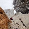 Peter Pribik  following P3 of the Harding Route 5.10+