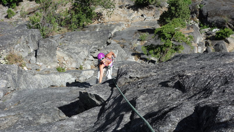 Dyan Padagas having a ball on pitch 4 of Orbit, Snow Creek Wall, Leavenworth WA.