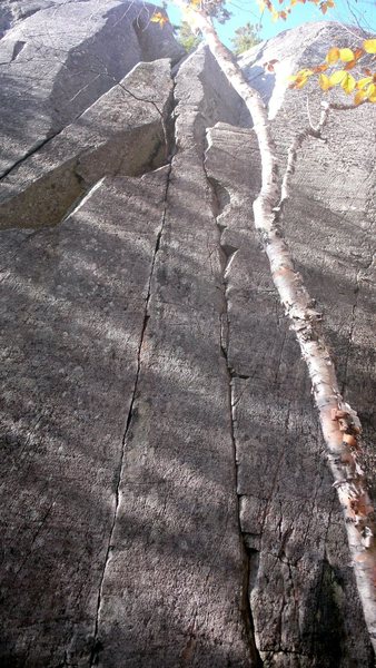 Climb the twin cracks following the left hand one over to Stone Frogs...