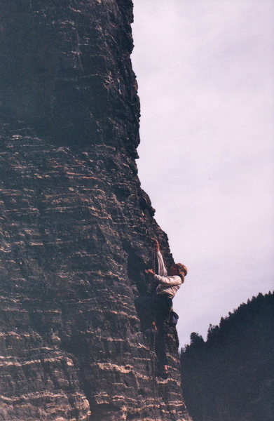 Andy on the vertical (well less overhanging) portion of the climb.