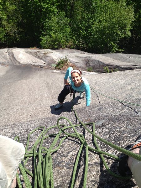 Laura Halupowski nearing P.1 belay on Dark Horse