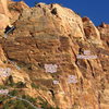 Riddler's Delight climbs the green-lichened face above the Zion Lodge