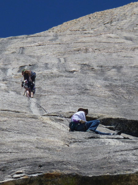 Unknown climbers on P2 of Afternoon Nap. The highly-featured fourth and fifth pitches can be seen above them.
