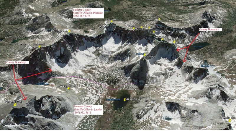 July 2014: Which county sheriff to call for overdue climb parties ... and 911 will eventually get one to the right folks as well. (Ignore the purple line.)