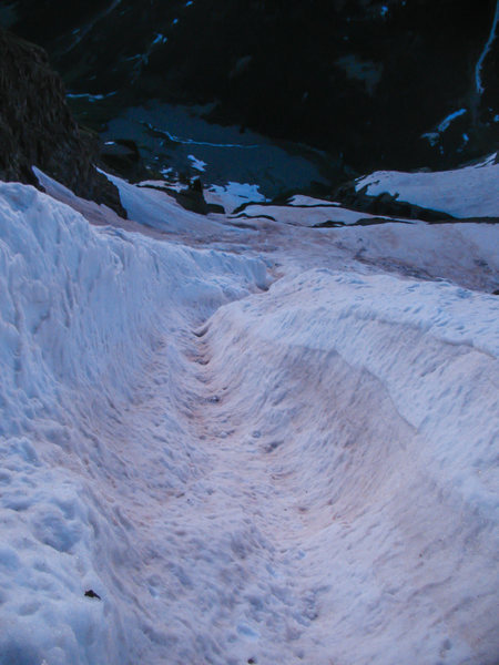 Bell Cord couloir in mid/late June, 2014. Big runnel but overall fun climbing!