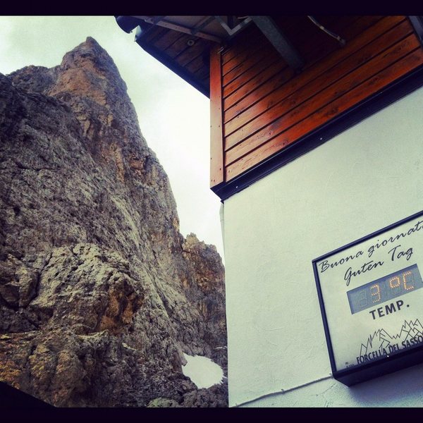 A cold day on the Sassolungo. Luckily the refuge has good espresso.