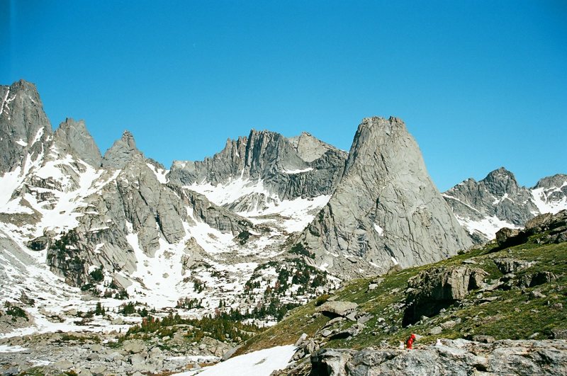 Looking down into the Cirque of the Towers from the climber's pass
