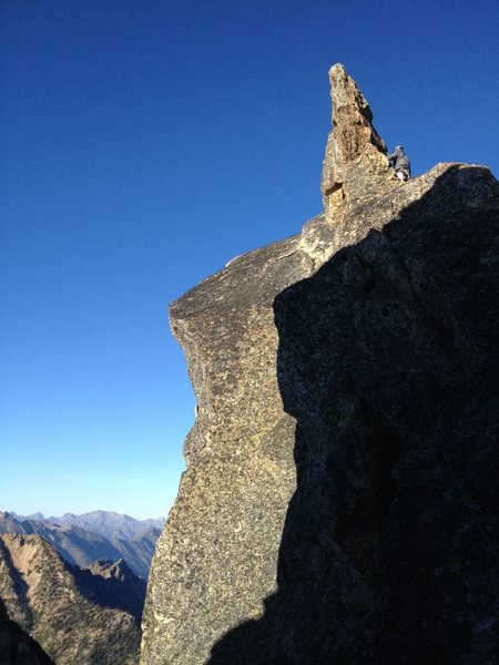 Third pitch summit traverse. Easy climbing, but a fall would be catastrophic.