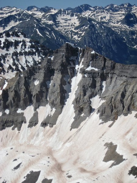 Gilpin's North face from Mt. Sneffels, last weekend of June 2014. North Couloir is the obvious snow climb splitting the peak.