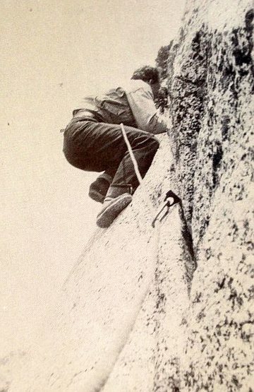 John Mendenhall on Fingertip Traverse (5.3), Tahquitz Rock<br>
<br>
Photo: Ruth Mendenhall (1939)