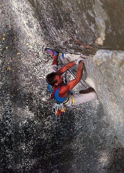 Ed Barry flashing Cowabunga (5.12b), Tuolumne Meadows
<br>
<br>
Photo by Chris Falkenstein