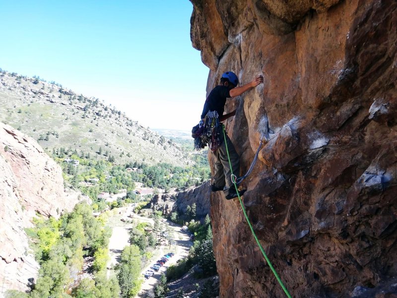 Greg K. leading the infamous, exposed traverse pitch.