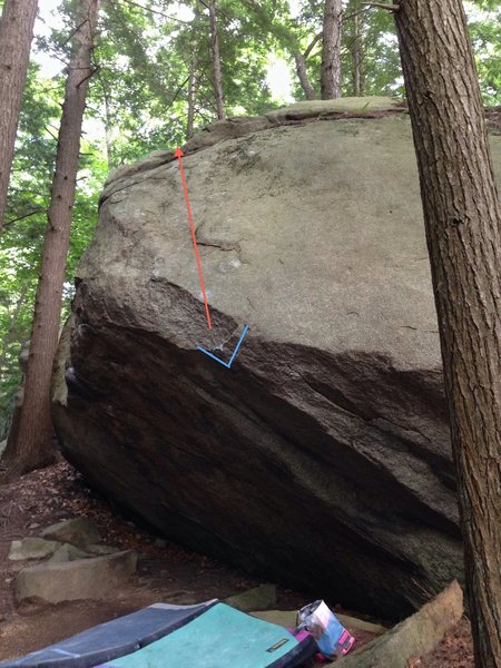 This photo shows the starting hold (marked in blue) and the general line of travel (marked in red) for 'John's Problem'.