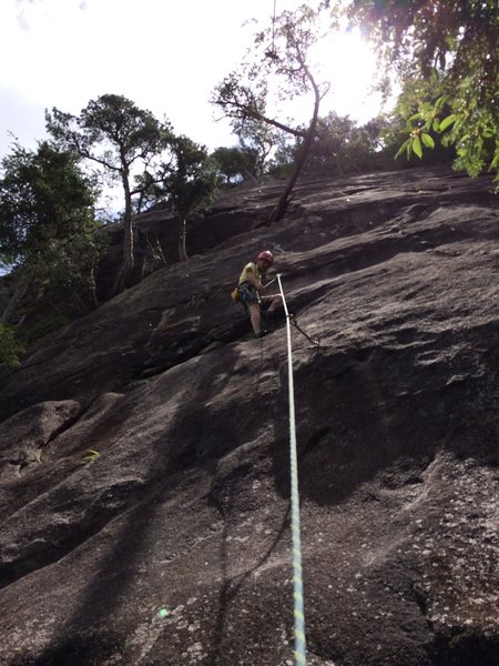 In the gulley rest spot after the crux and clipping the second bolt. Time for crux number 2.