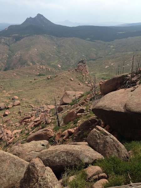 Looking south from the Top of the World. I believe that rock is called Shark's Tooth.