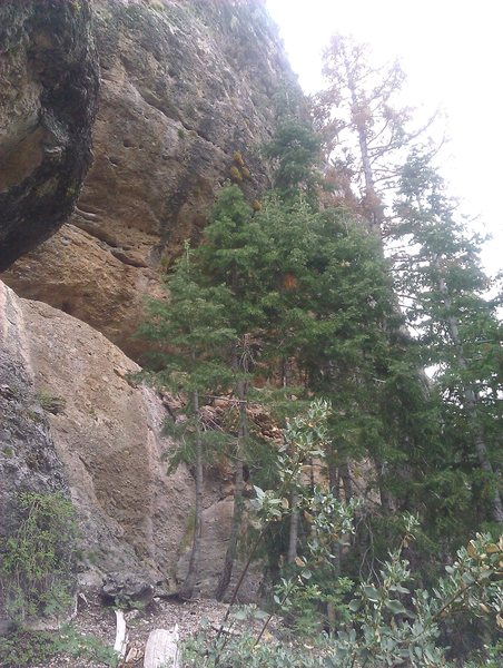 large holds to the left of the water streak; way less sharp than some of routes to the right.