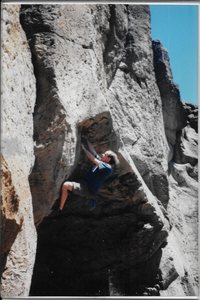 Erik Gearhart soloing Bohemian in 1999. Psyching up for the crux.