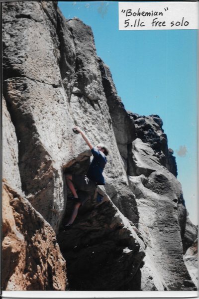 Finishing the crux. Erik Gearhart solo, 1999.