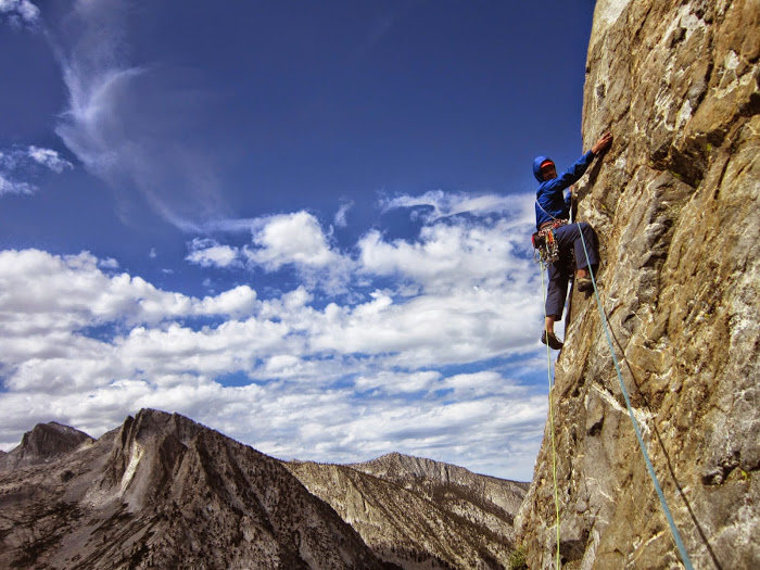 Vitaliy climbing on the Arete. Pitch 2. Beautiful rock, great exposure. (Photo by Caitlin T.)