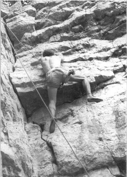 View of a top rope ascent of the Book Right Wall. Note the ancient Willans Sit Harness.