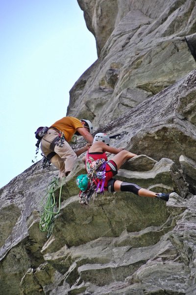 pulling the crux right below the anchors of the first pitch