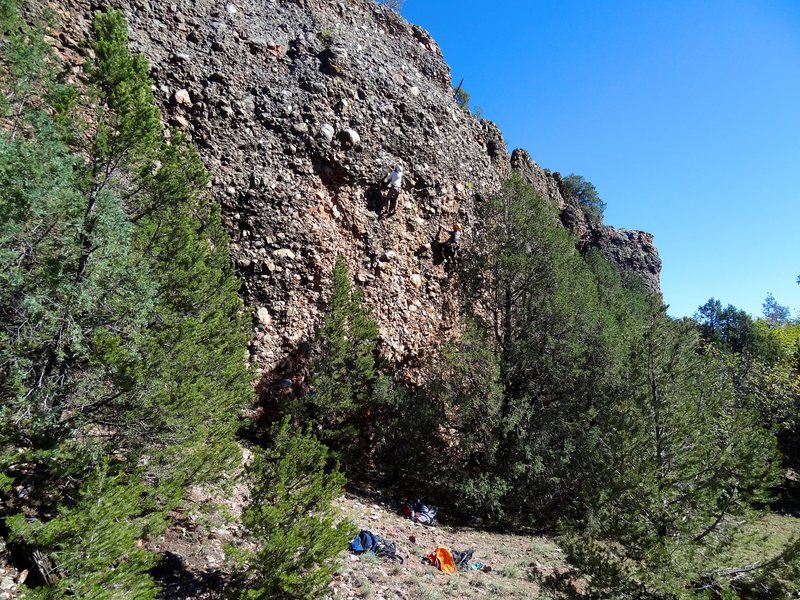 The Sideshow Attraction wall. Climber in white is on "Pickled Punks" and climber in yellow helmet is on "Two-Bit Hootchie Kootchie Show". September 2013.
