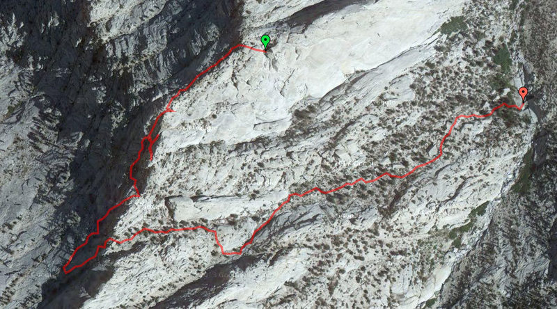 Took us a while before we found the right descent gully, we definitely went up 3 wrong towers before finding the "green one" as described in the book. Look for a big boulder on top. Seemed further than 1/4 mile