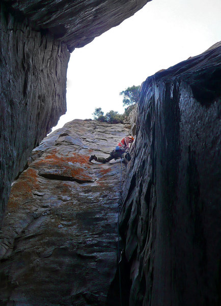 Drew rising from the Dark Tower on the FA of Caveman Odyssey