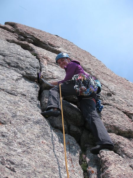First roped pitch as we climbed it. Slings around boulder on huge ledge atop this short pitch for an anchor.