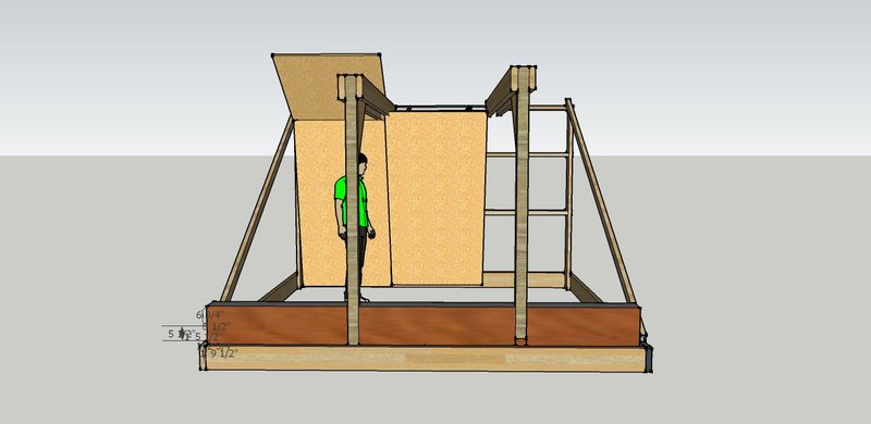 From straight on, you can see the two standing 4 x 4s attached to 2 x 6s that run up to the wall and help support the frame. You could also put holds on these for interesting problems!
