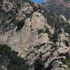 Route topo for King Snake Crack, in Rattlesnake Canyon. <br>
<br>
Green is King Snake Crack (5.7 PG-13).<br>
Yellow is Tender Flakes of Mercy (5.8 PG-13).