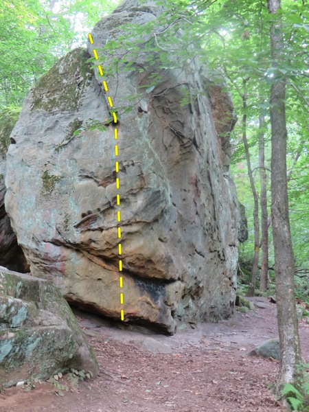 Nice boulder on Main trail below crag.<br>
<br>
I played on 3 problems here.<br>
<br>
One off of this side of the rock. I did not send, one long move in the center will be a V4ish for shorter climbers, tall lanky climbers might be able to hit it much easier. <br>
<br>
No sends but ill name the project "perdy mouth" <br>
Kinda looks like a face... no? the teeth?... nose?