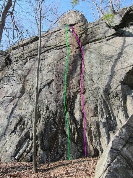 From the Facebook group Powerlinez - Beta Shed:<br>
<br>
GREEN: Easy start, 10ish face climbing through middle, hand crack to the right is off-limits. Great route, some tricky moves through the middle, extremely dirty, we cleaned as best we could. Beware of loose flake/block at top (white X), temping to lie-back it.<br>
<br>
PURPLE: The Fuzz. 9/10ish, but maybe easier, hard to tell grade as we were so beat by the end of the day. Climb the finger/hand crack to the top. Another great, fun route, also extremely dirty, now less so. Beware of loose flake/block at top (white X), temping to lie-back it.