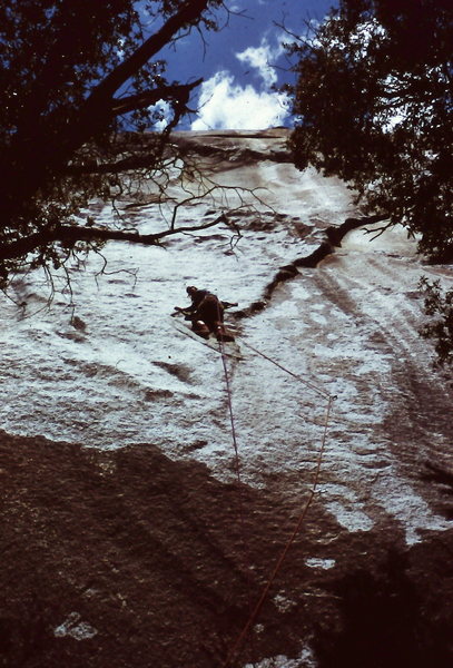 Peter Hayes attempting the first ascent of "Hades", June 1973. This is as far as the team of Mike Jaffe and Peter ever got.