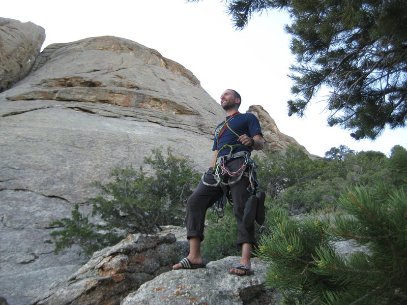 Triumphant after descending. Route starts just out of the left side of the frame and wanders right around the horizontal vein.