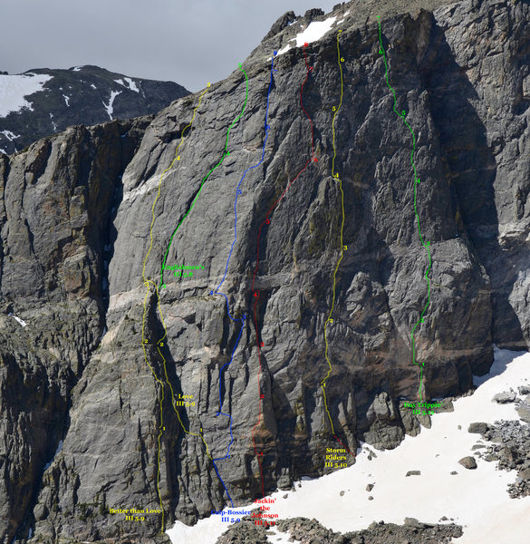 Topo of the second buttress on the north face of Hallett Peak, RMNP.