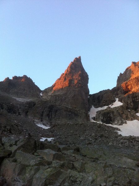 The Northeast Ridge is in the center of the formation painted by the sunrise. It turns into a bit of a flying buttress.