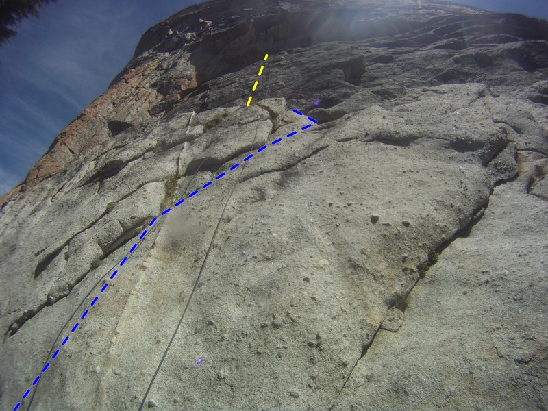 Beta Photo - blue line = Trad section, Yellow Line = Sport Section. Note: The yellow section is much longer than the blue section (it doesn't appear this way due to perspective).