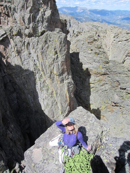 The rappel off the summit is where Sonya is sitting, which if you do Poe Club is where you end up. The wide 4 inch crack leads to the summit proper where I am.