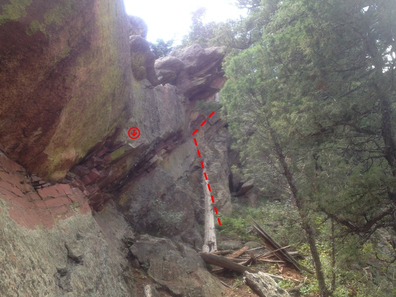 The descent ramp I used instead of the flake or rappelling. The flake can be seen in the foreground for distance perspective.