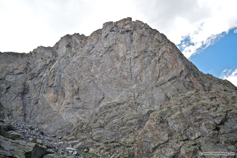 The southeast face of Warbonnet. THe Black Elk route (IV, 5.11a, 7-9 pitches) goes up the center. This photo is high resolution so you can really see the features on the route.
