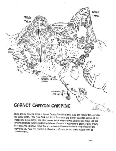 map supplied by park service showing trail to upper saddle and locations of water.  no bear cannisters needed at upper saddle as their are food boxes.  no need to bring water as you can fuel up all the way to the saddle.  