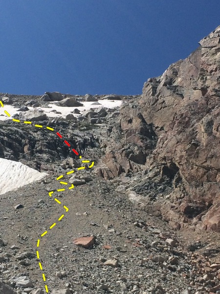 location of the fixed line to get up to the lower saddle. trail is in yellow; fixed line is in red.