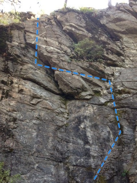 Winding route first up then left about 15 feet then up again and over the top to a slab.