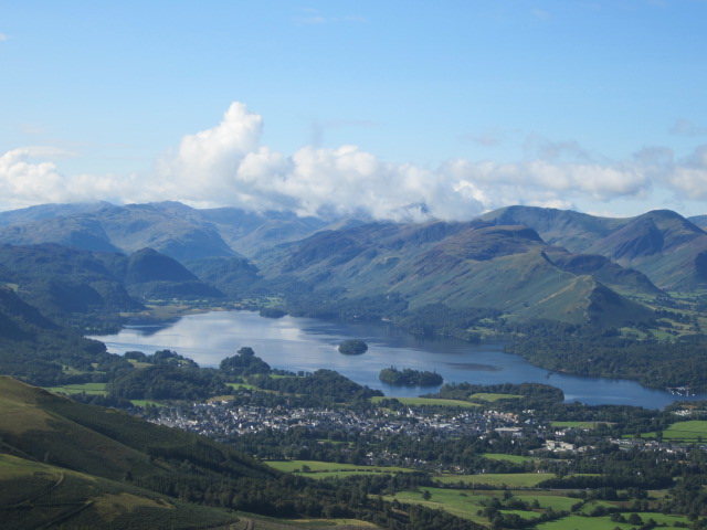 View from midway up Skiddaw Mt towards Derwentwater and the town of Keswick