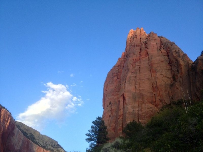 The route is in the middle of the face, it's a chimney up top.